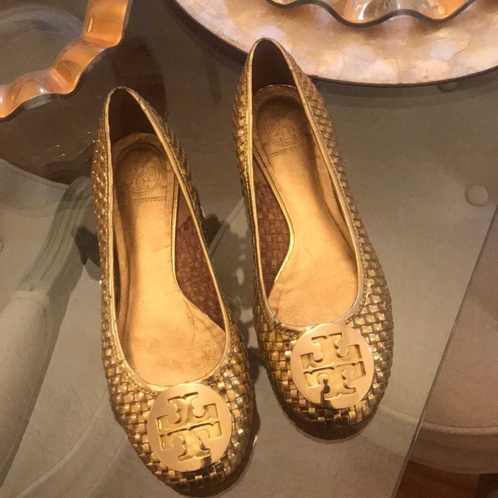 Tory Burch gold leather woven flats